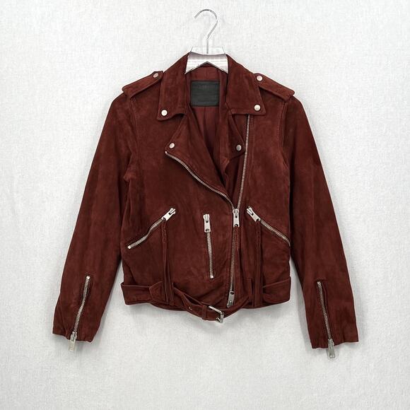 ALLSAINTS Plait Balfern Suede Biker Jacket Womens 6 Burgundy Maroon Moto Zip - Picture 6 of 16